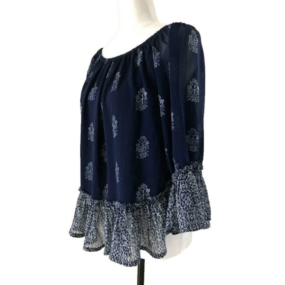 LUCKY BRAND Live in Love Boho Off The Shoulder Blouse Top Size Small Navy Blue - Picture 3 of 6